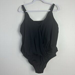Lands’ End 1X 16-18 V Neck OnePiece Blouson Fauxkini Swimsuit‎ Adjustable Padded